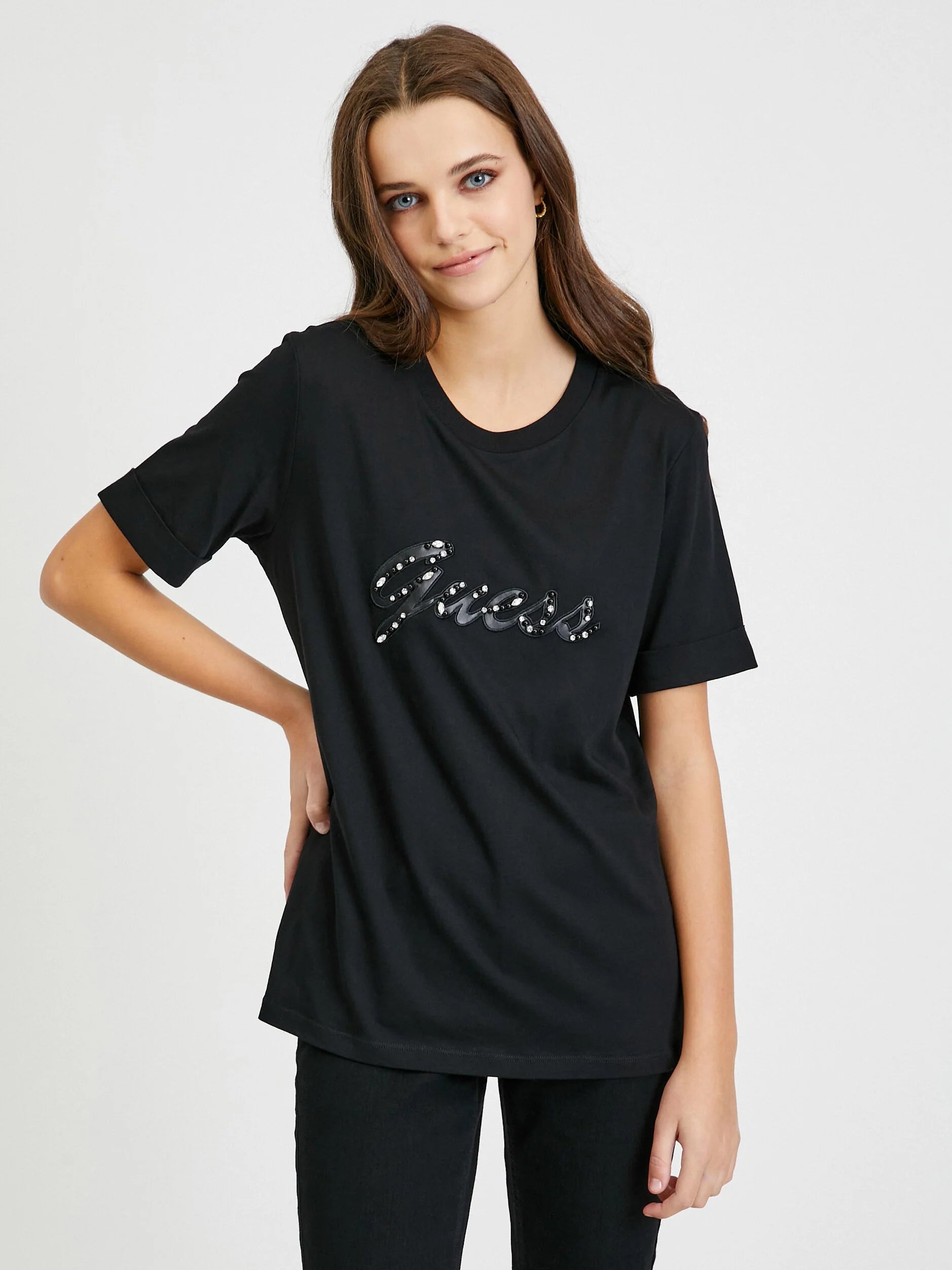 GUESS TRICOU NEGRU BUMBAC LEATHER